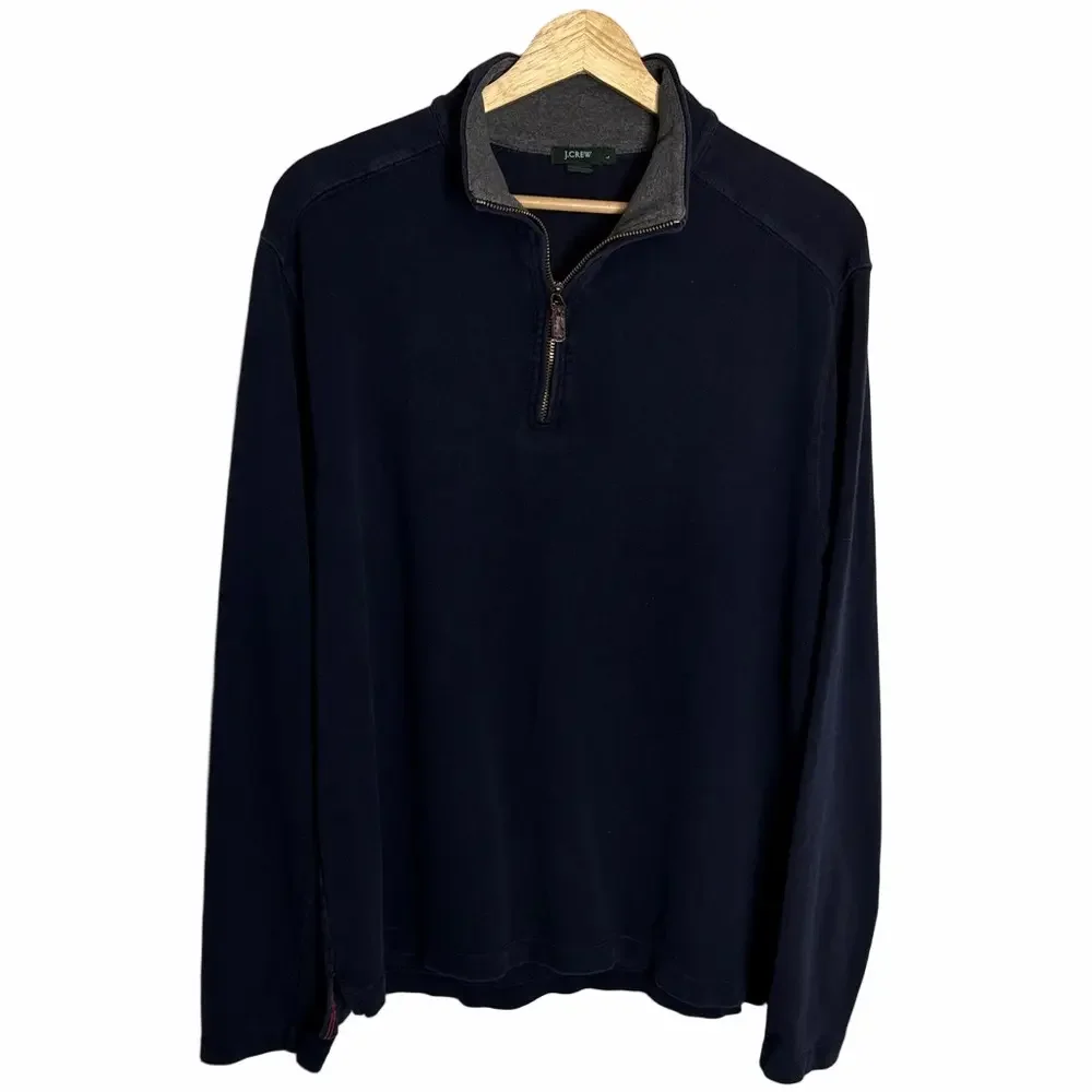 J Crew Men's Quarter-Zip Sweater Size L Navy Grey Cotton Soft Preppy Academia